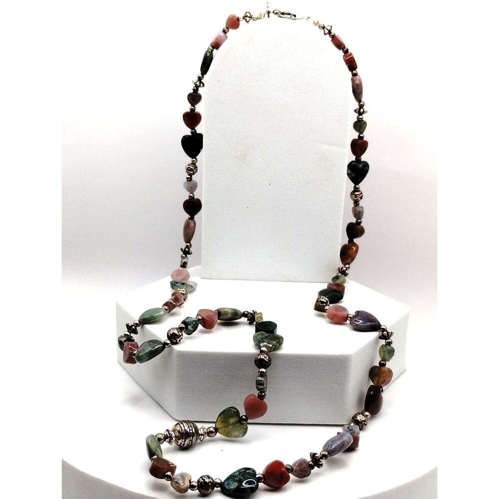 Natural Multicolor Jasper and Agate Stone Graduated Hearts Strand Necklace
